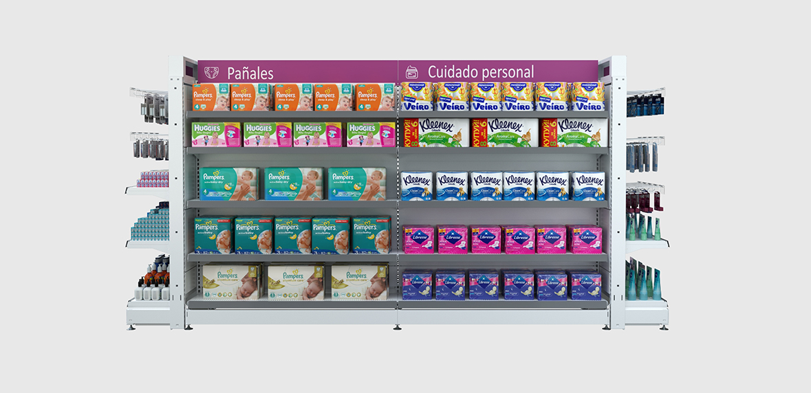 Imagen de góndola de perfumería línea beauty central puntera con productos, vista frontal