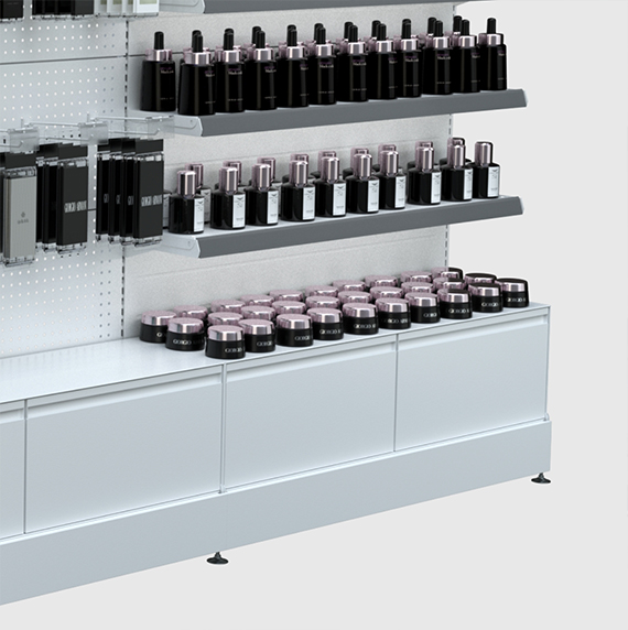 Imagen de góndola de perfumería mural con productos, perspectiva axonométrica de detalle.
