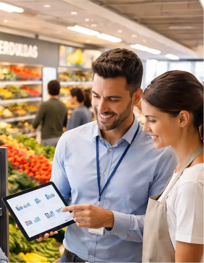 Equipo analizando comportamiento del consumidor en supermercado mediante métricas visualizadas en tablet