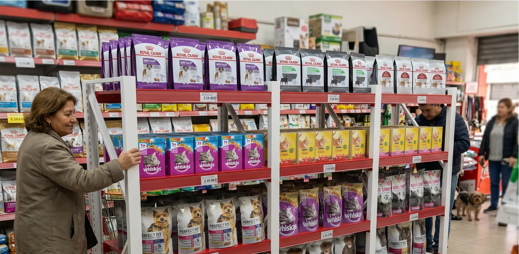 Exhibición de accesorios para mascotas mediante gancheras y sistemas modulares metálicos en pet shop